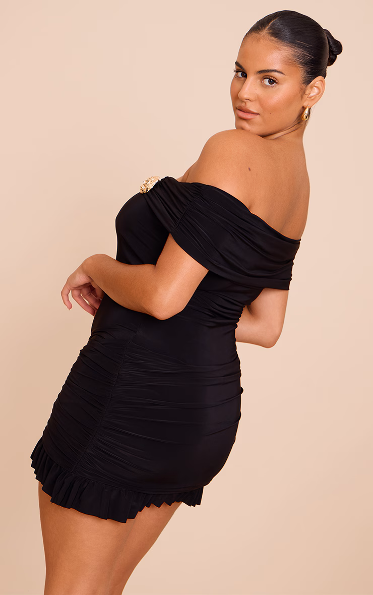 Plus Black Double Layer Bardot Trim Detail Mini Dress