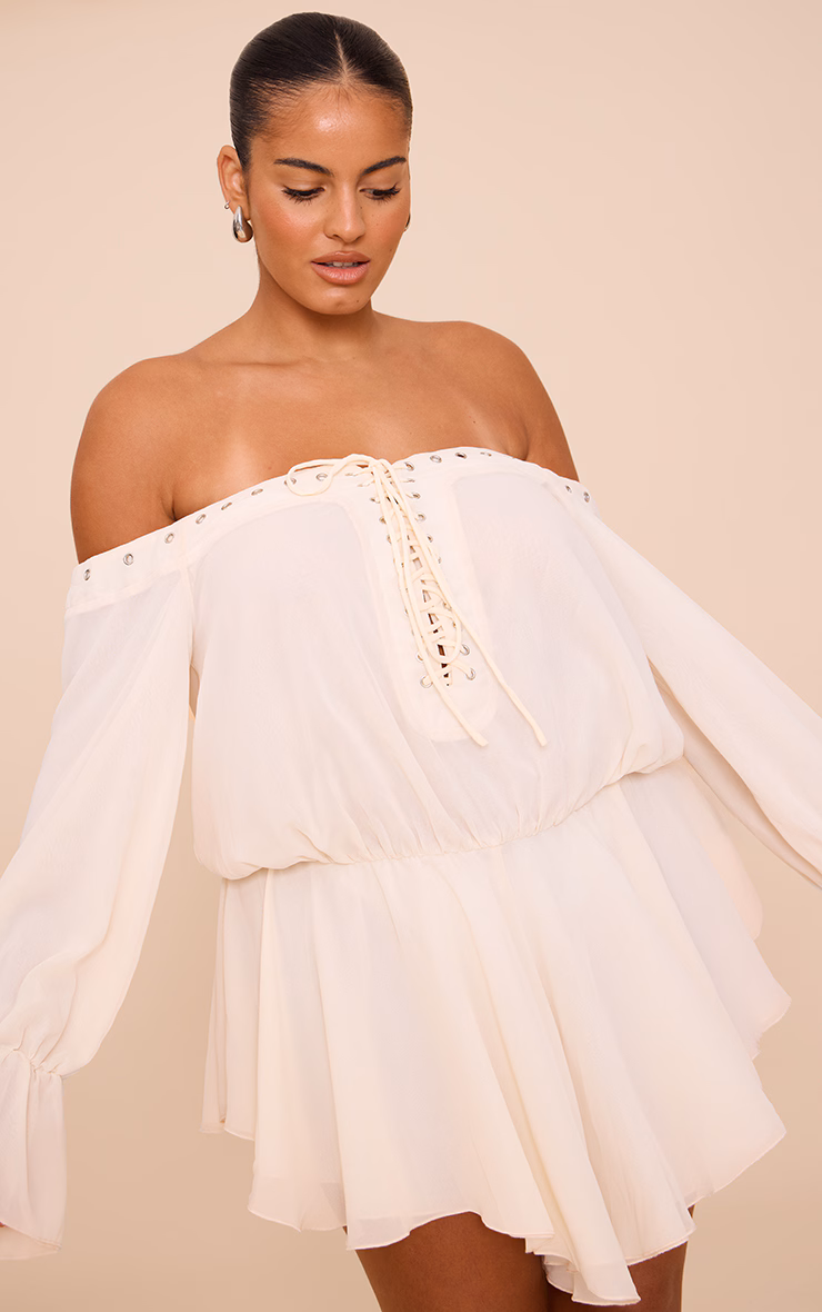 Plus Cream Chiffon Long Sleeve Bardot Floaty Romper
