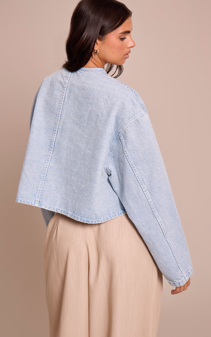 Light Blue Curved Hem Cropped Denim Jacket