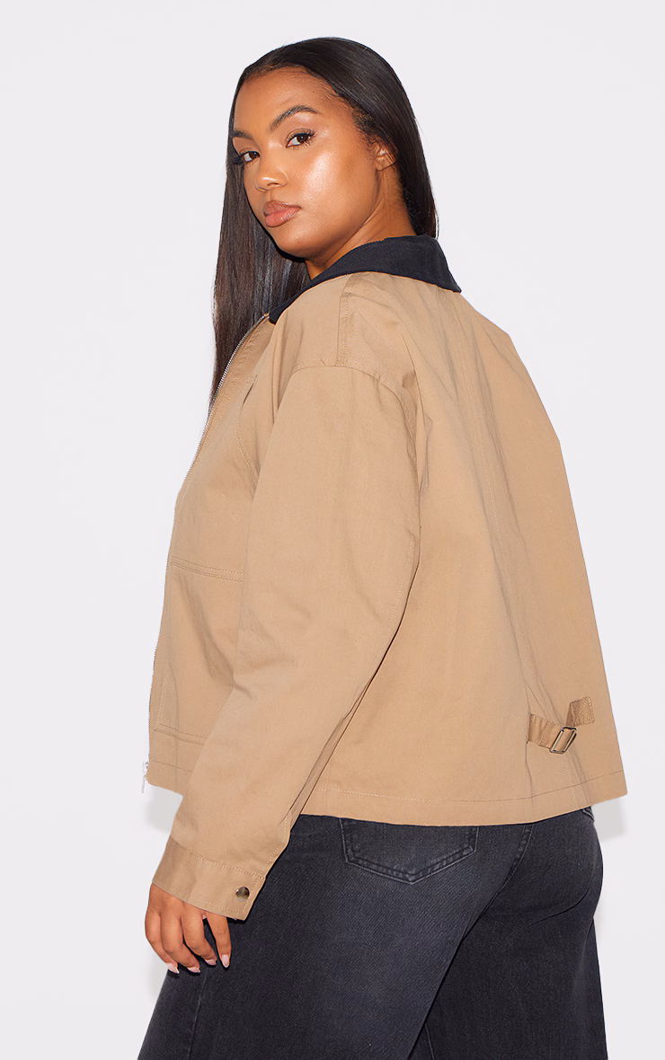 Plus Beige Contrast Collar Pocket Detail Trucker Jacket
