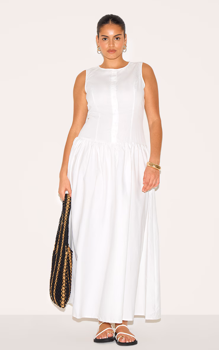 Plus White Button Down Drop Waist Maxi Dress