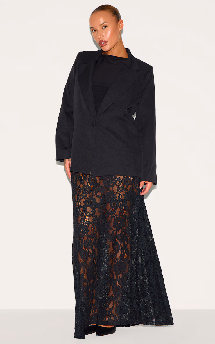 Plus Black Floral Lace Sheer Maxi Skirt