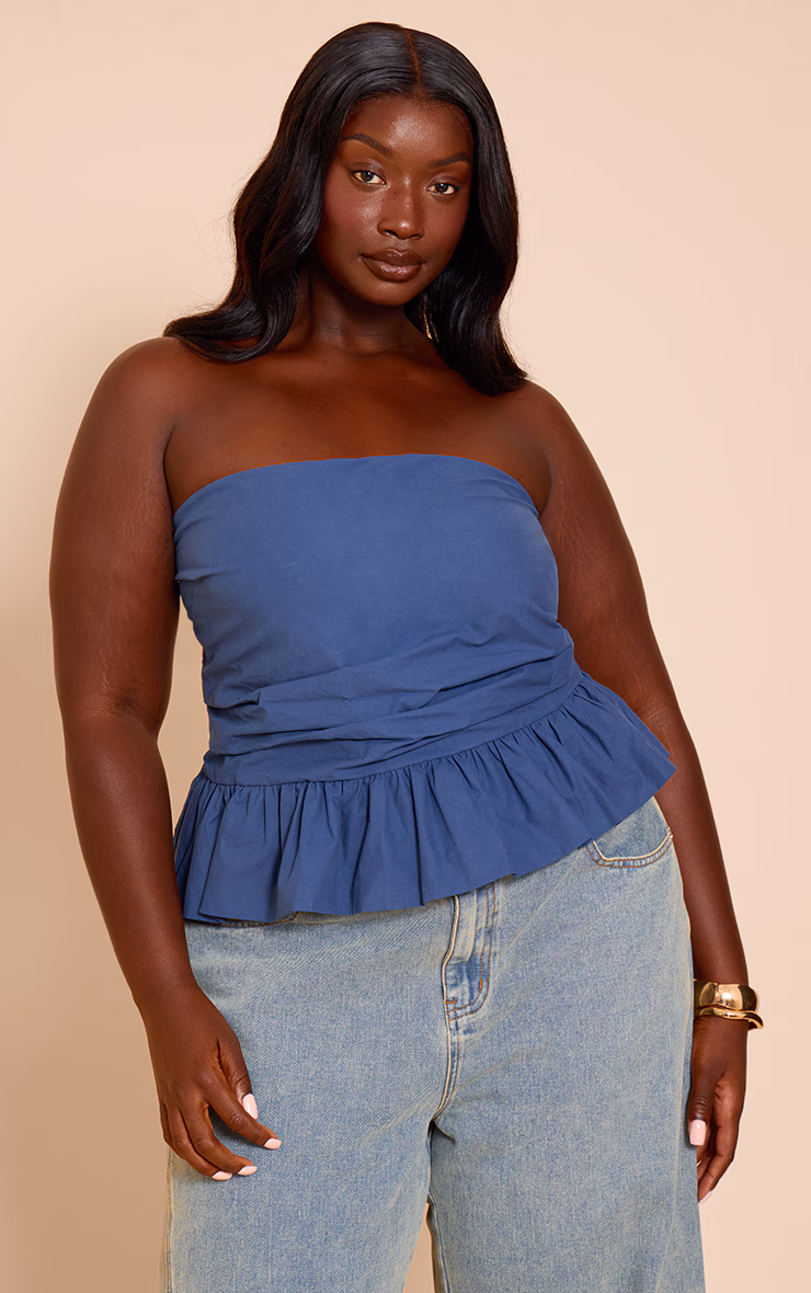 Plus Navy Cotton Bandeau Peplum Frill Top