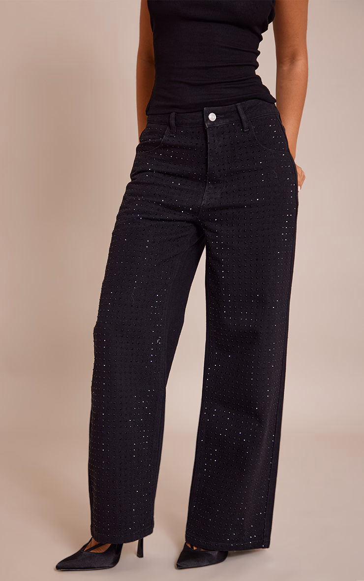 Petite Black Mid Waist Diamante Straight Leg Denim Jeans