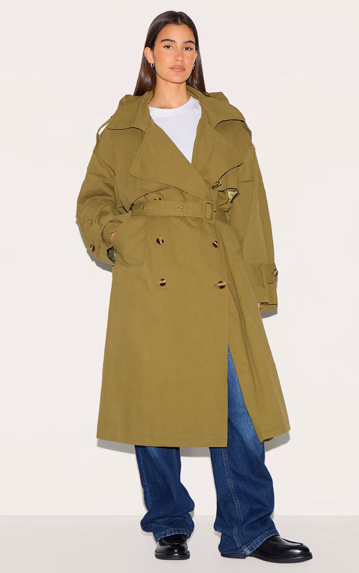 Khaki Woven Hooded Oversized Trench Coat
