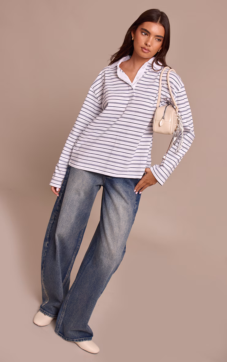 Monochrome Stripe Cotton Polo Collar Long Sleeve Top