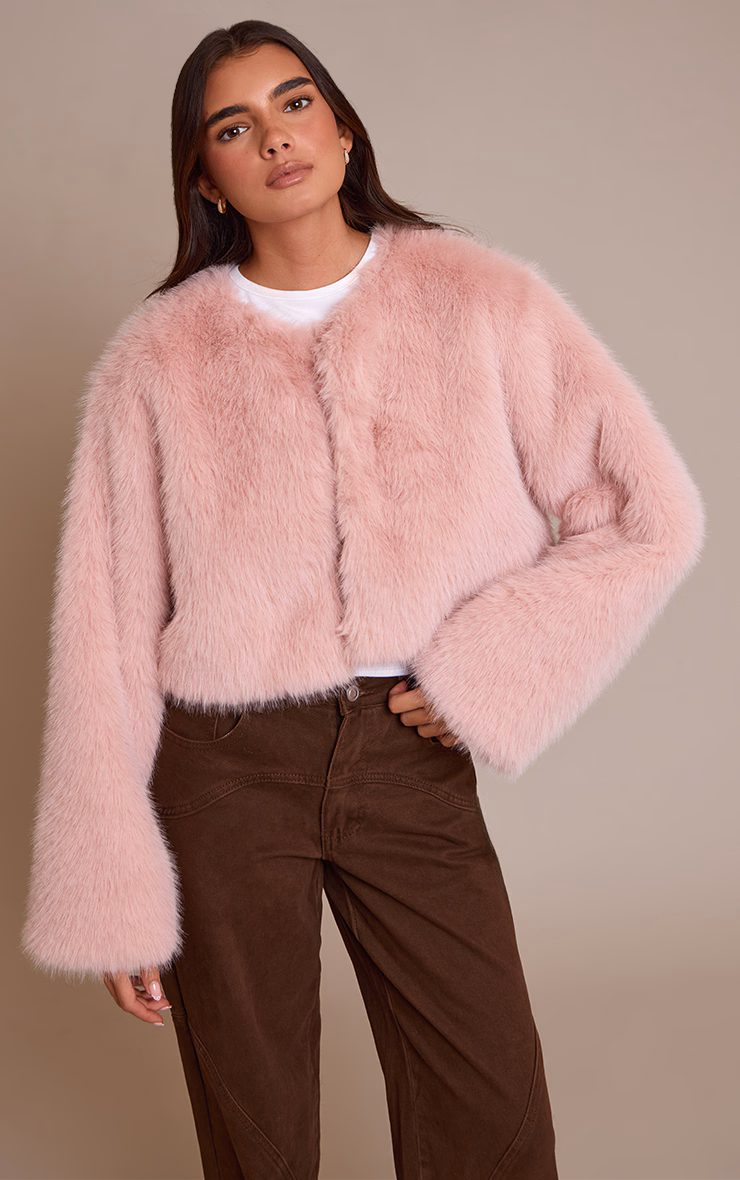 Light Pink Cropped Faux Fur Coat