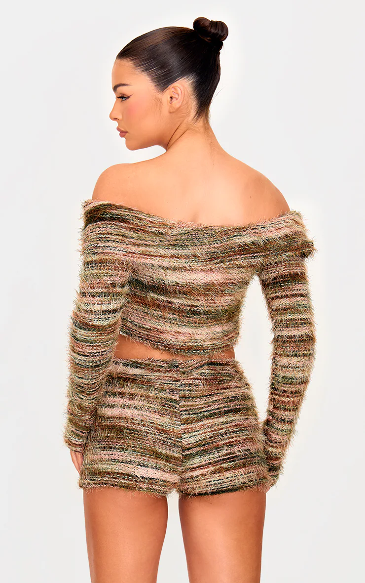 Multi Fluffy Textured Foldover Bardot Top