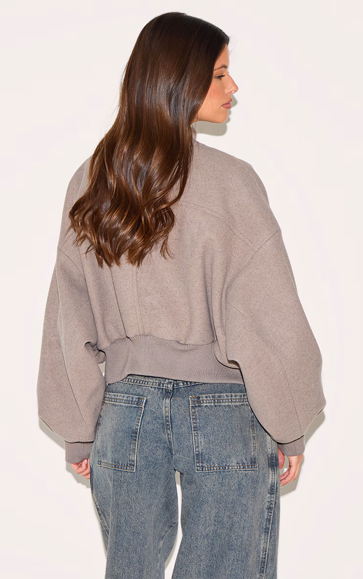 Taupe Ruched Sleeve Cropped Bomber Jacket