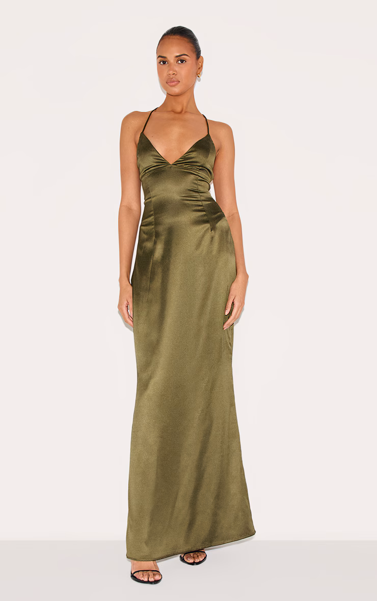 Olive Satin Tie Back Maxi Dress