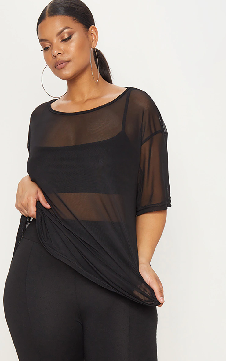 Plus Black Sheer Mesh Oversized T-Shirt