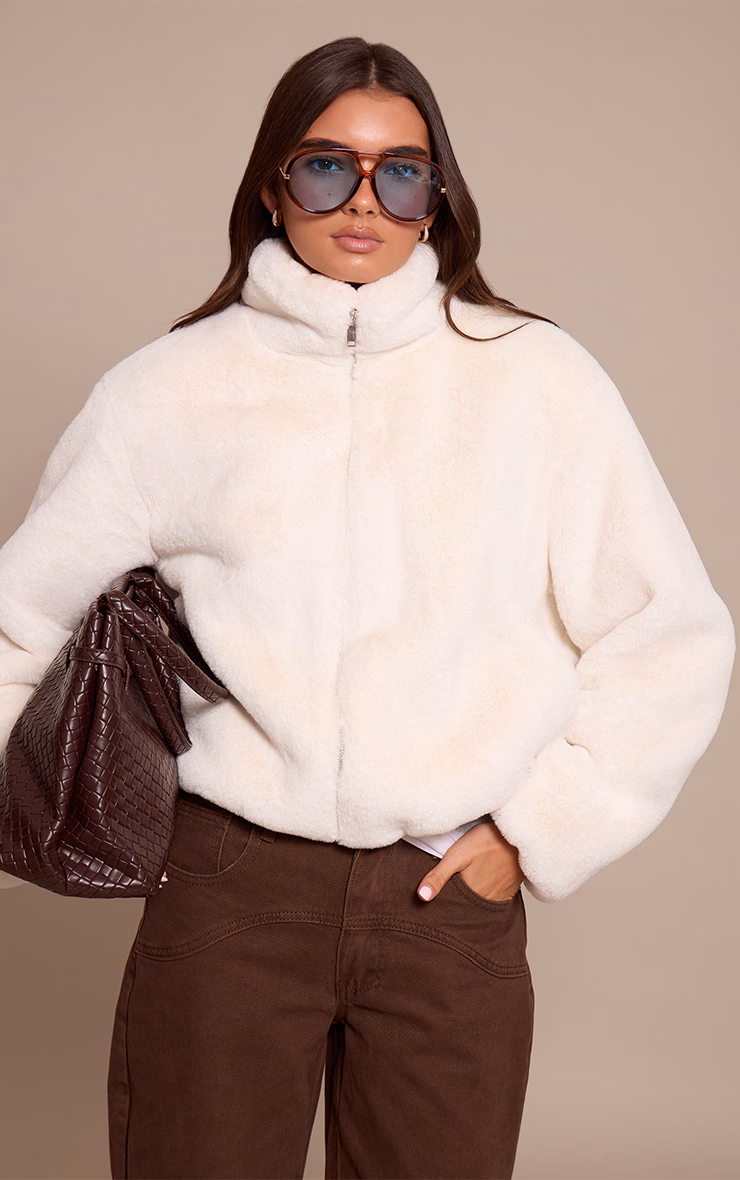 White Plush Faux Fur Cropped Bomber Style Coat
