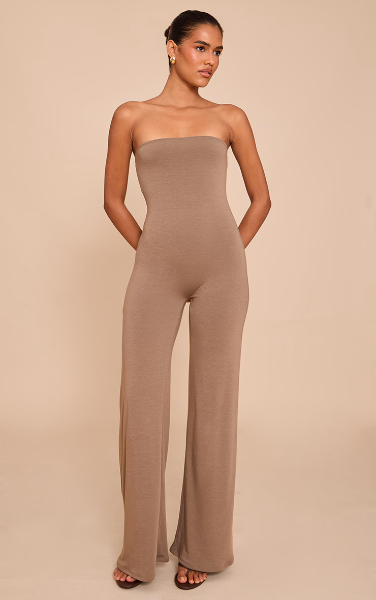 Mushroom Double Layer Contour Jersey Bandeau Wide Leg Jumpsuit