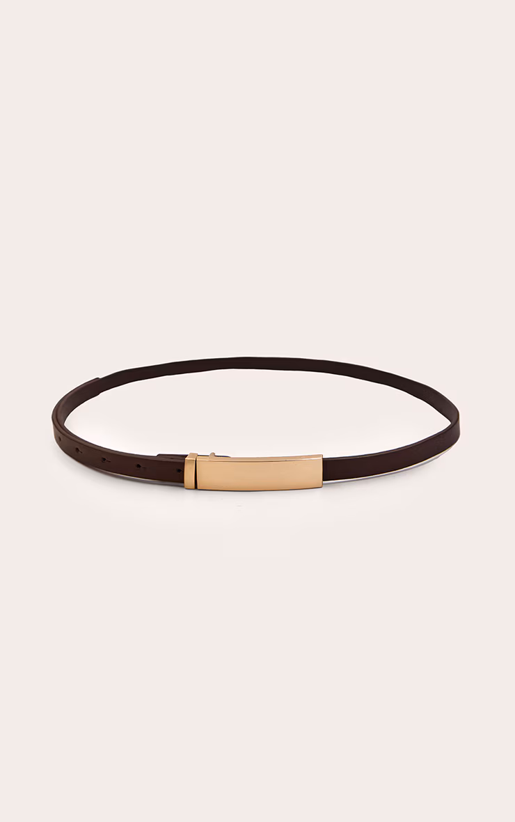 Chocolate PU Elongated Gold Buckle Skinny Belt