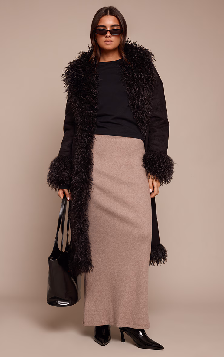 Mushroom Brushed Rib Low Rise Maxi Skirt