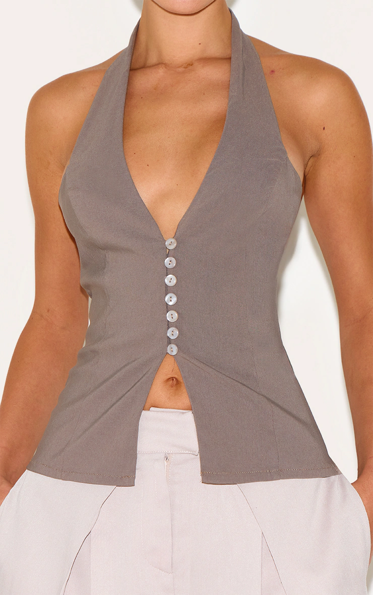 Mushroom Bengaline Button Up Halterneck Long Top