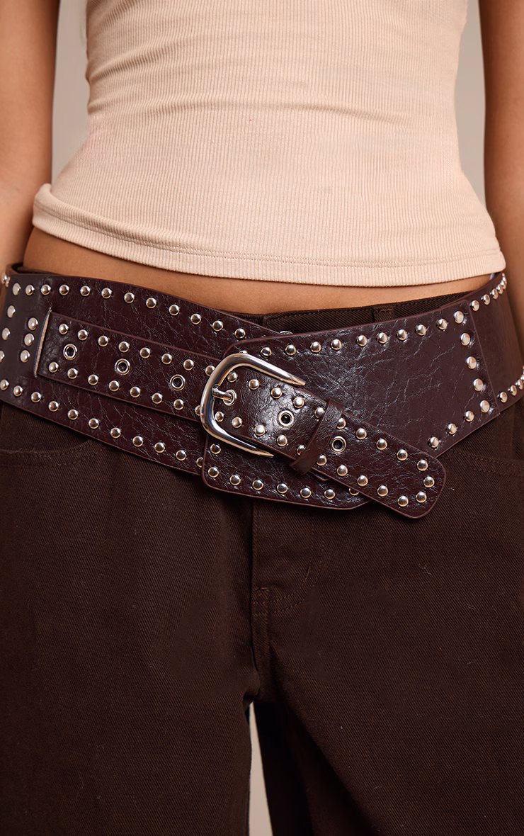 Chocolate Crinkle Layered Chunky Belt With Studded Detail