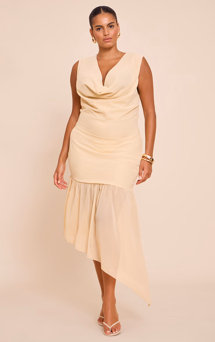 Plus Butter Cream Chiffon Drape Detail Asymmetric Midaxi Dress