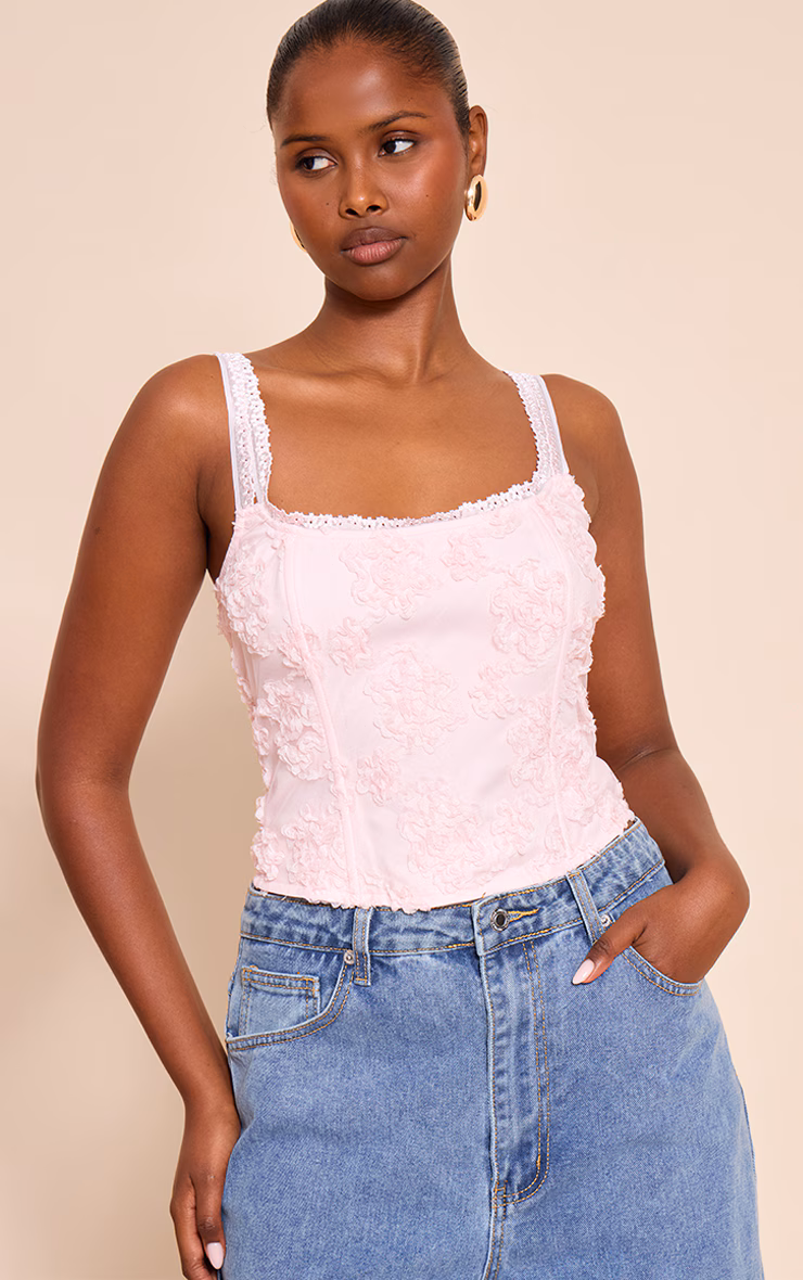 Pale Rose Floral Textured Boned Corset