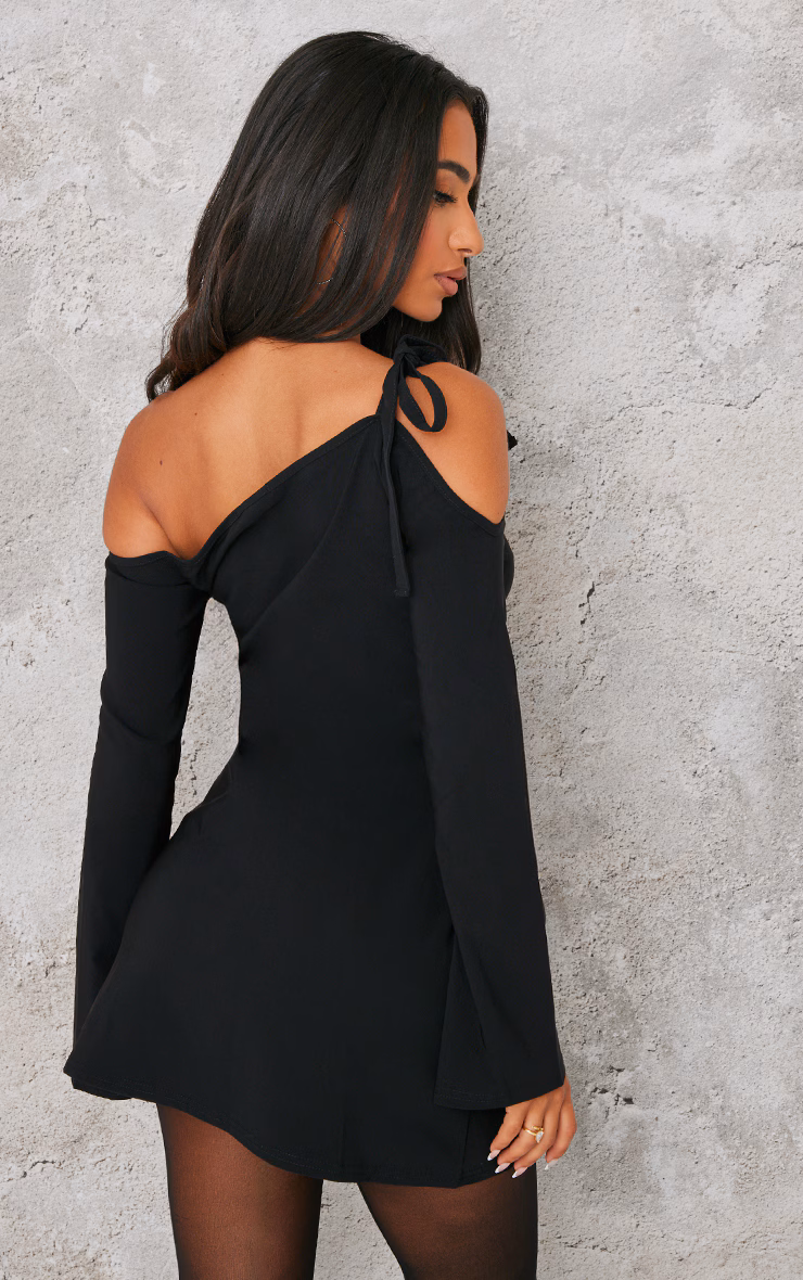 Petite Black Asymmetric One Shoulder Flared Sleeve Shift Dress
