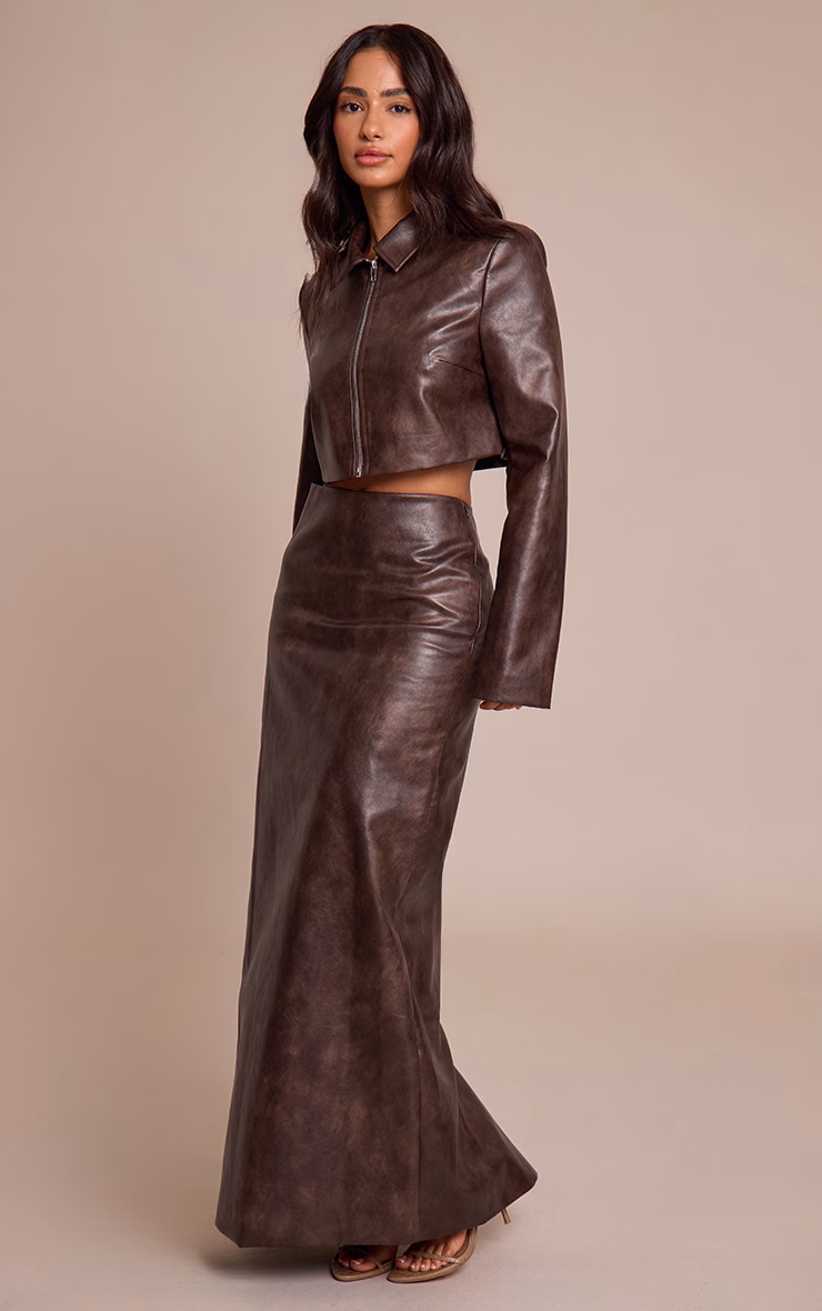 Petite Chocolate Cropped Faux Leather Zip Up Jacket