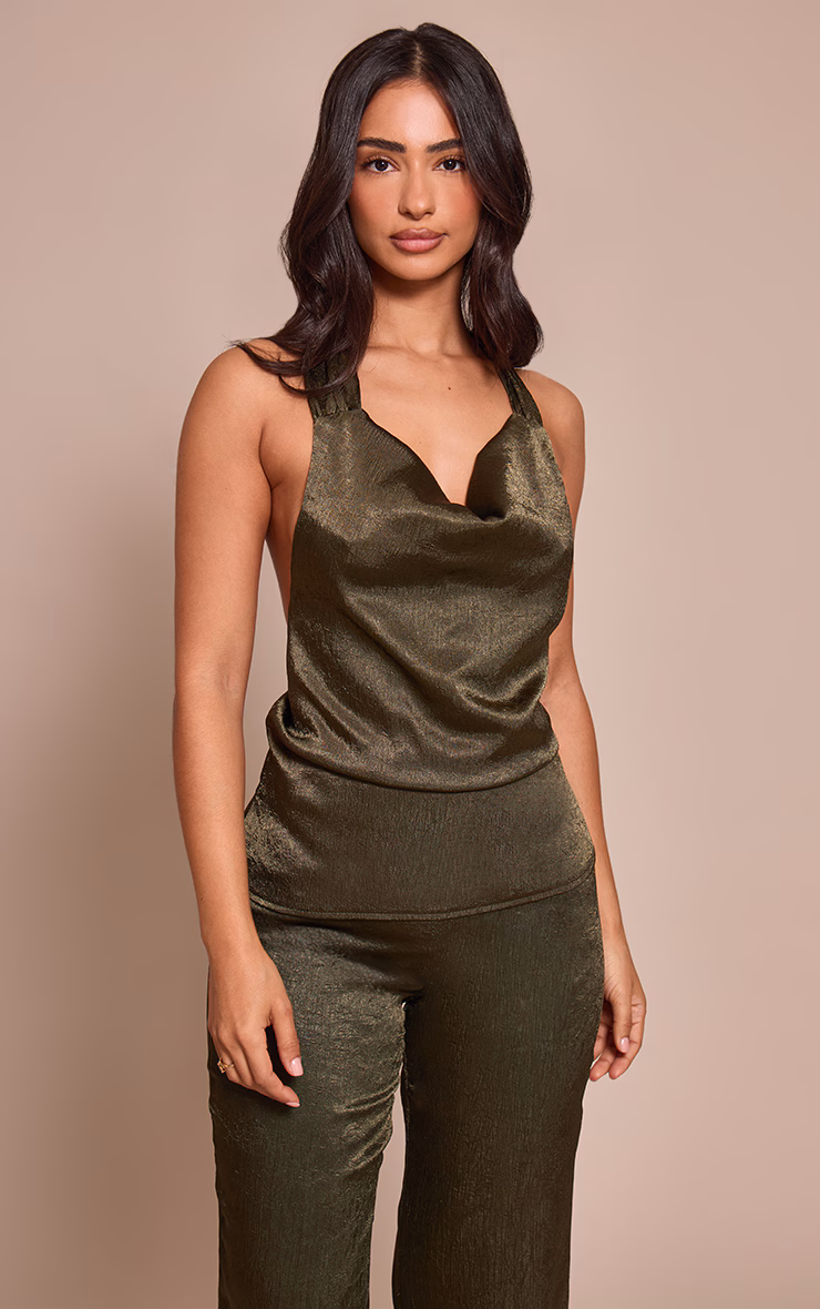 Petite Khaki Textured Halterneck Tie Long Top