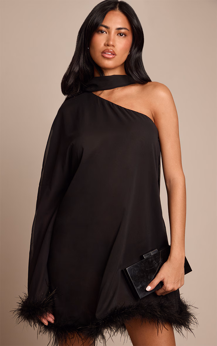 Black Chiffon One Shoulder Feather Detail Shift Dress