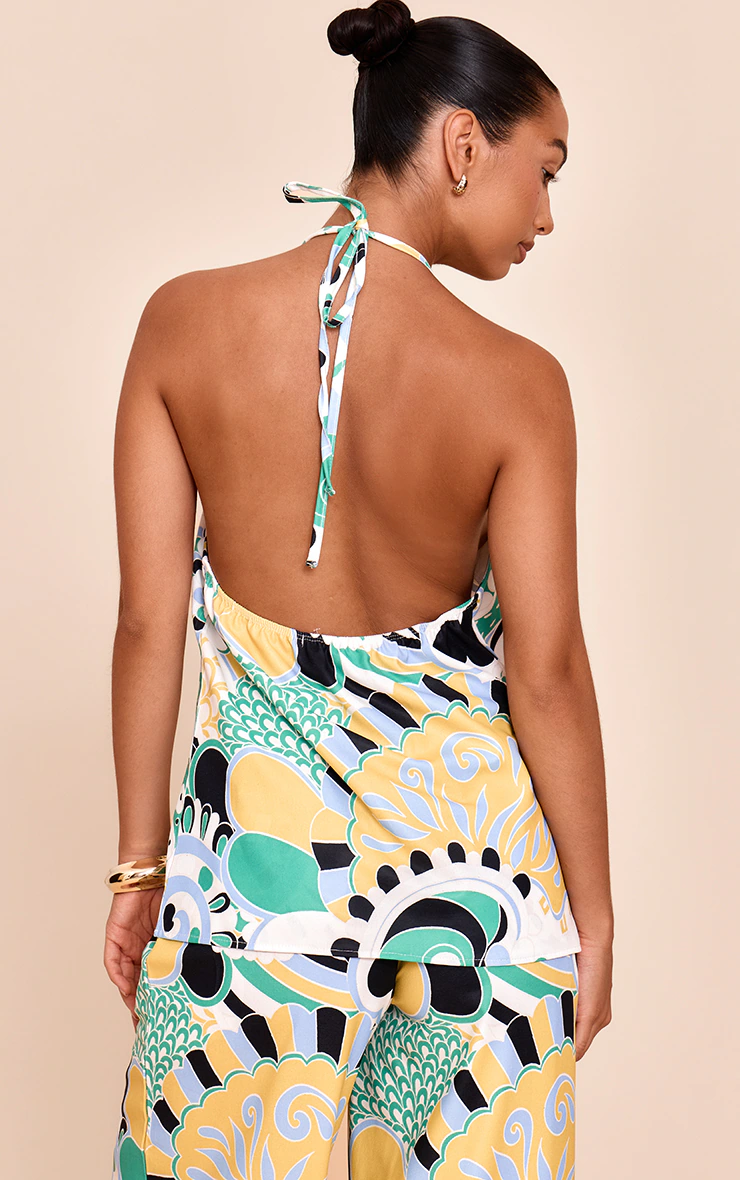 Multi Abstract Print Woven Halter Neck Floaty Long Top