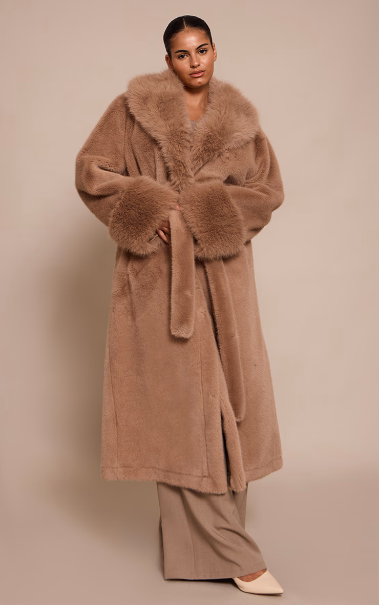 Plus Mushroom Faux Fur Self Tie Oversized Coat