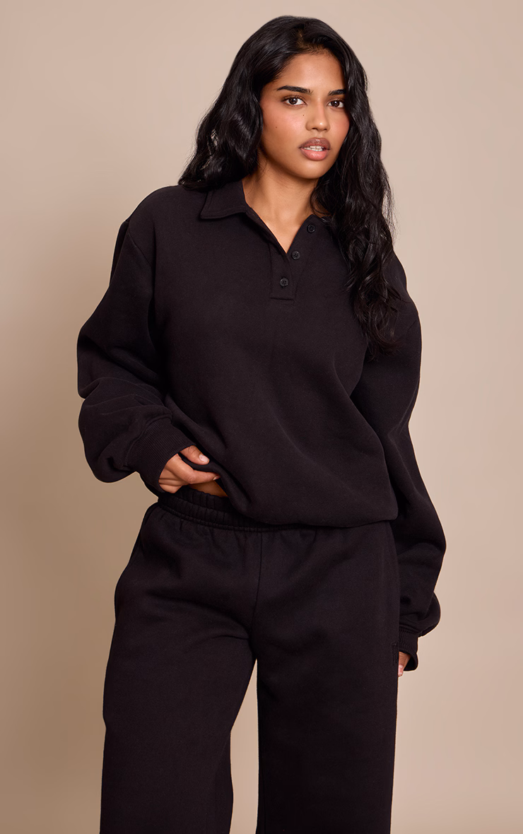 Petite Black Prettylittlething Polo Sweatshirt