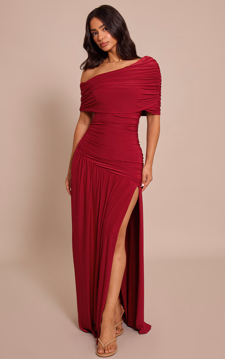 Petite Plum Asymmetric Side Split Bardot Maxi Dress