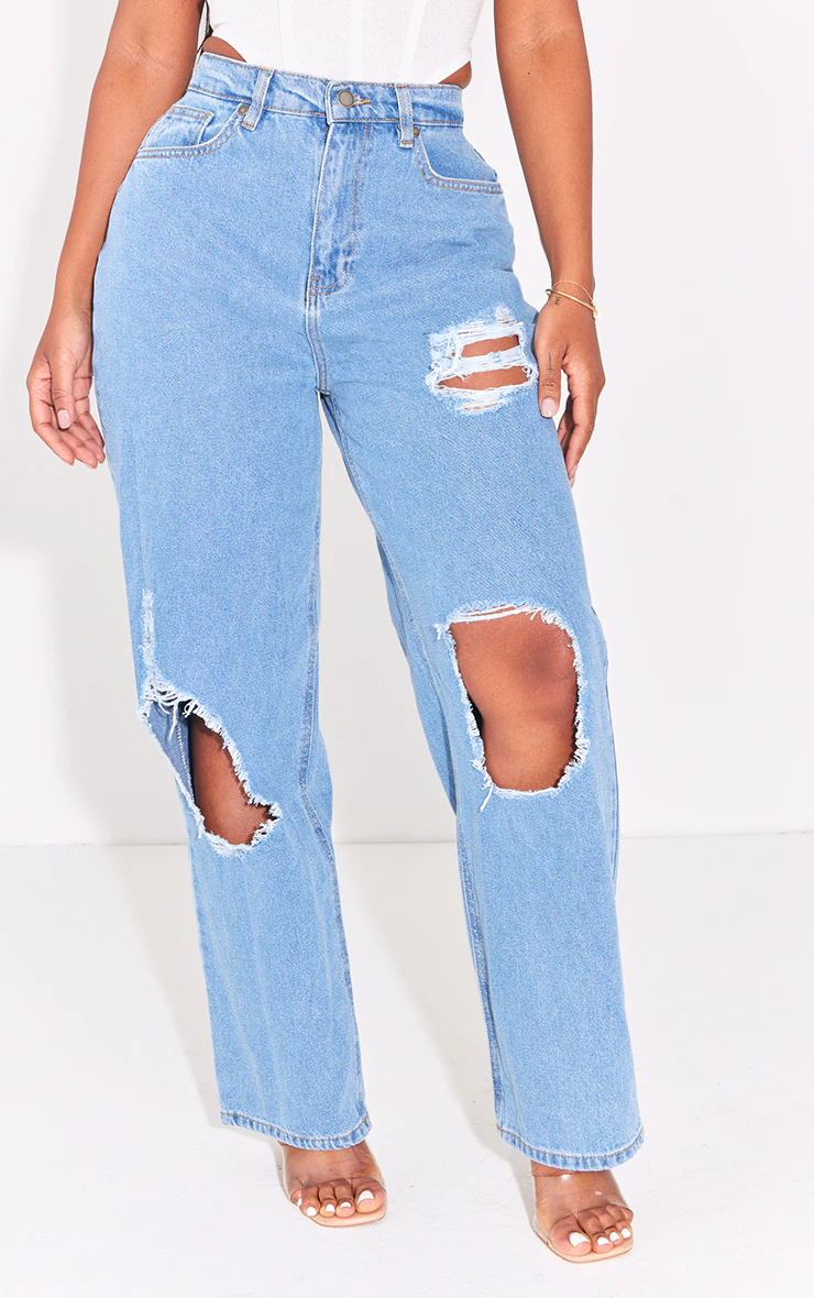 PRETTYLITTLETHING Shape Light Blue High Waist Ripped Wide Leg Jeans