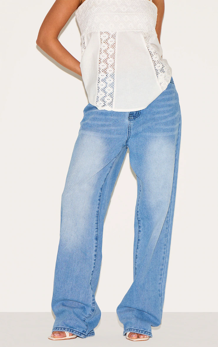 Petite Blue Denim Mid Rise Invisible Waistband Wide Leg Jeans