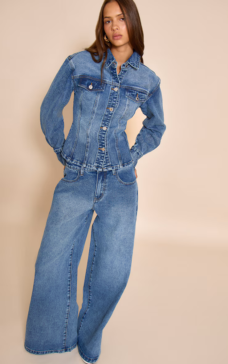 Mid Blue Wash Mid Waist Wide Leg Jeans