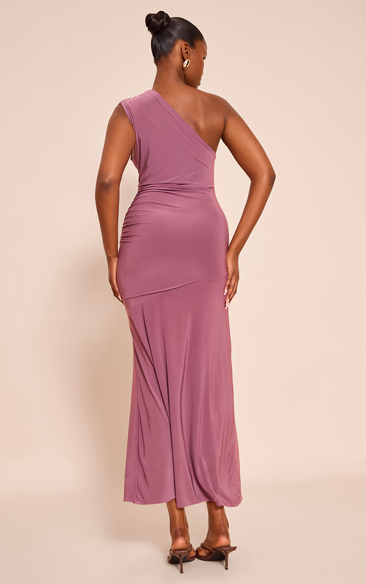 Mauve Double Layer Slinky One Shoulder Ruched Drop Hem Maxi Dress