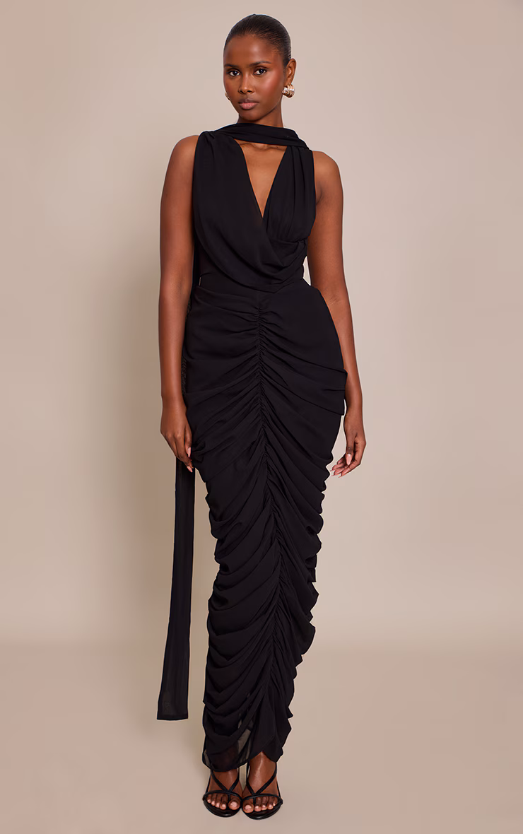 Black Chiffon Scarf Detail Ruched Maxi Dress
