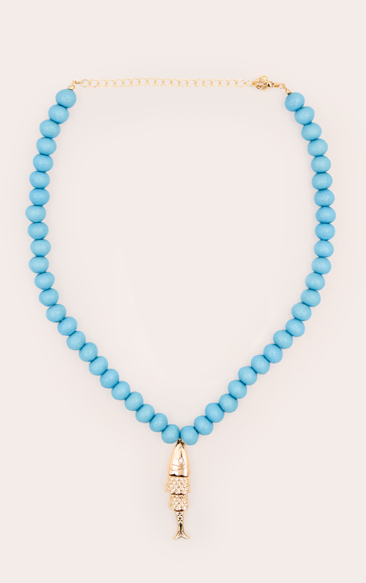 Aqua Beaded Fish Pendant Necklace