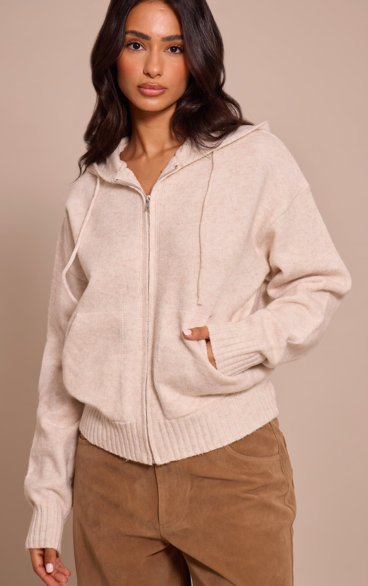 Petite Beige Zip Up Knitted Hoodie