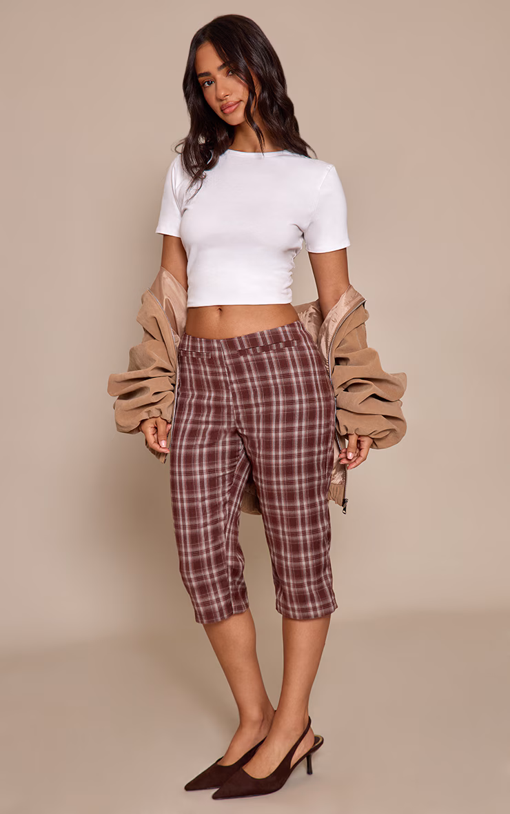 Petite Brown Check Woven Capris