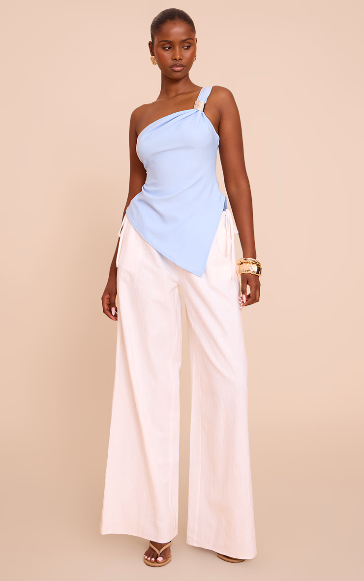 Sky Blue Asymmetric One Shoulder Trim Detail Long Top
