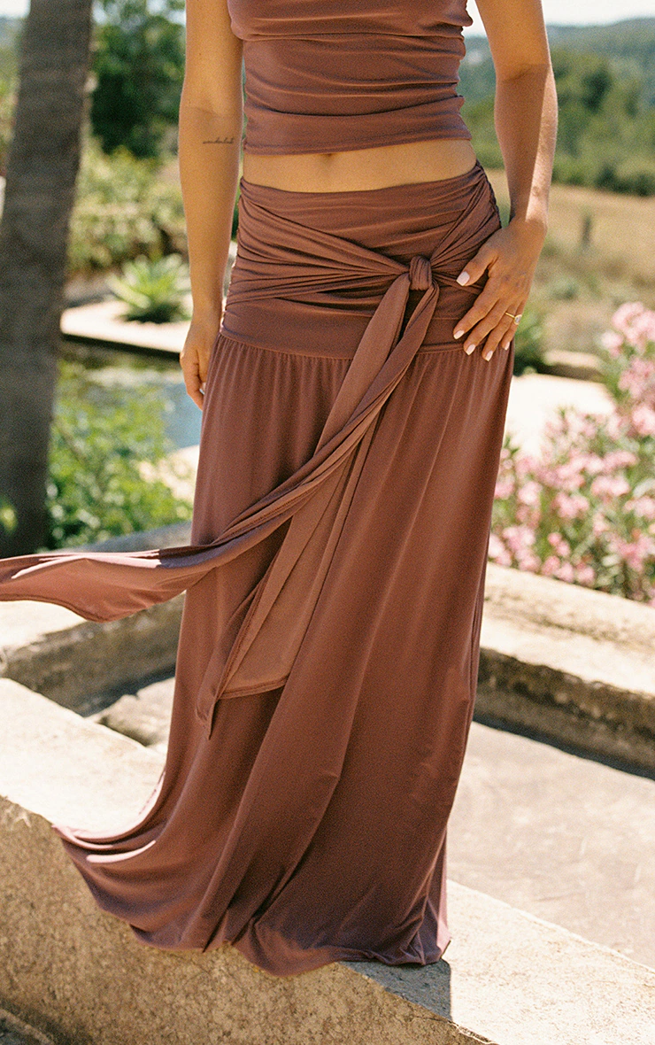 Mauve Double Layer Slinky Knot Drape Maxi Skirt