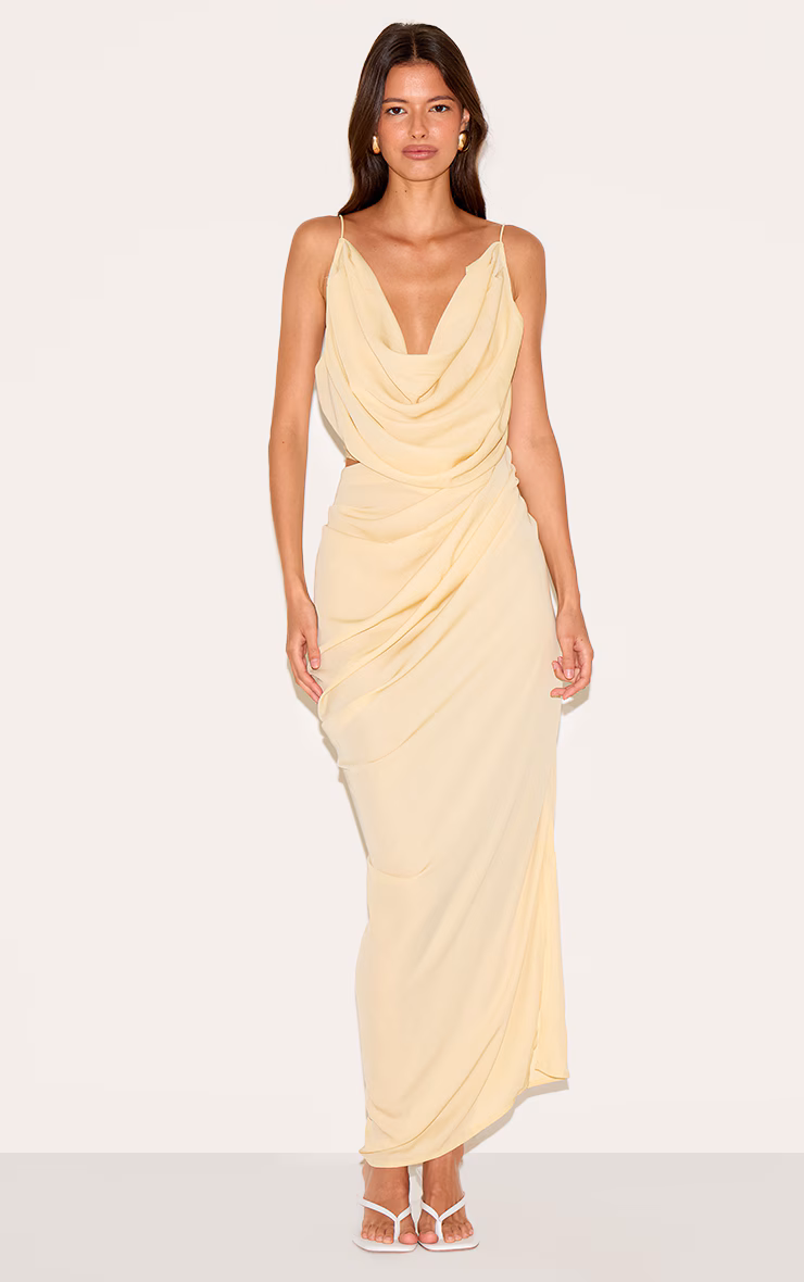 Butter Yellow Chiffon Drape Cut Out Midaxi Dress