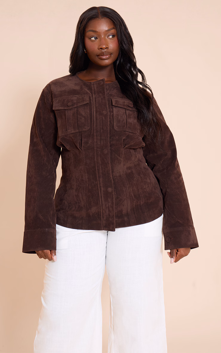 Plus Chocolate Faux Suede Cinch Waist Covered Button Jacket