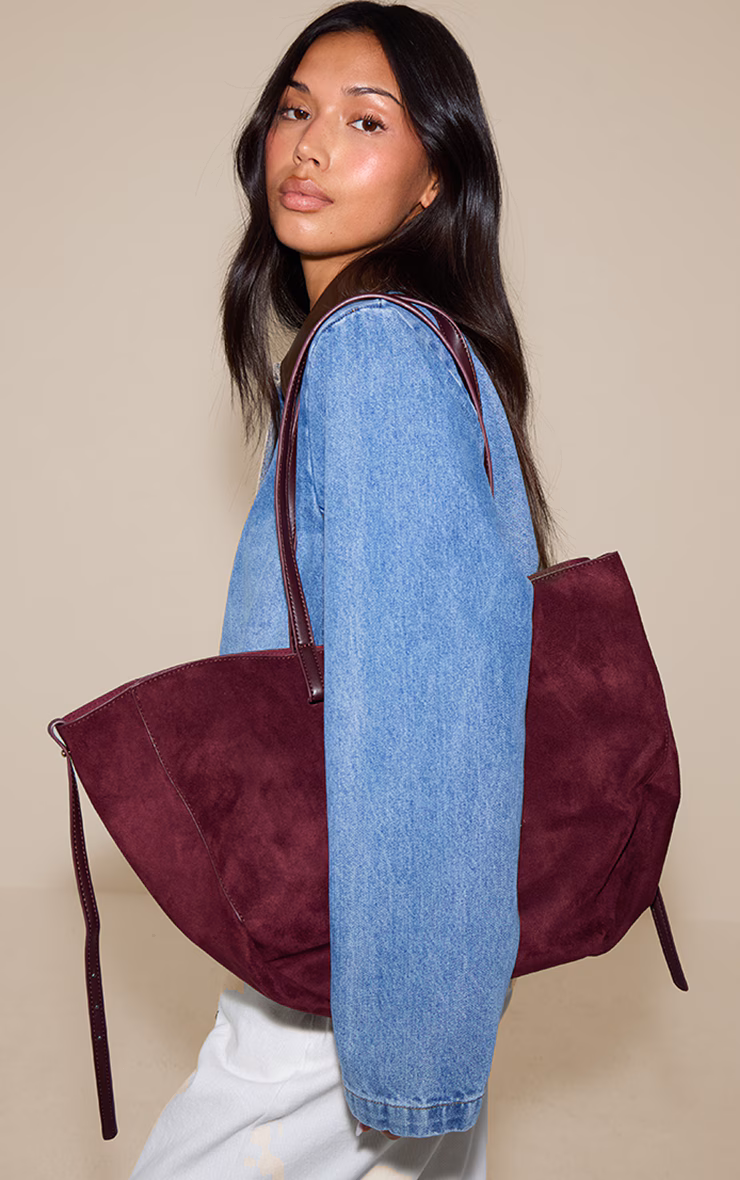 Plum Faux Suede Contrast Handle Tote Bag