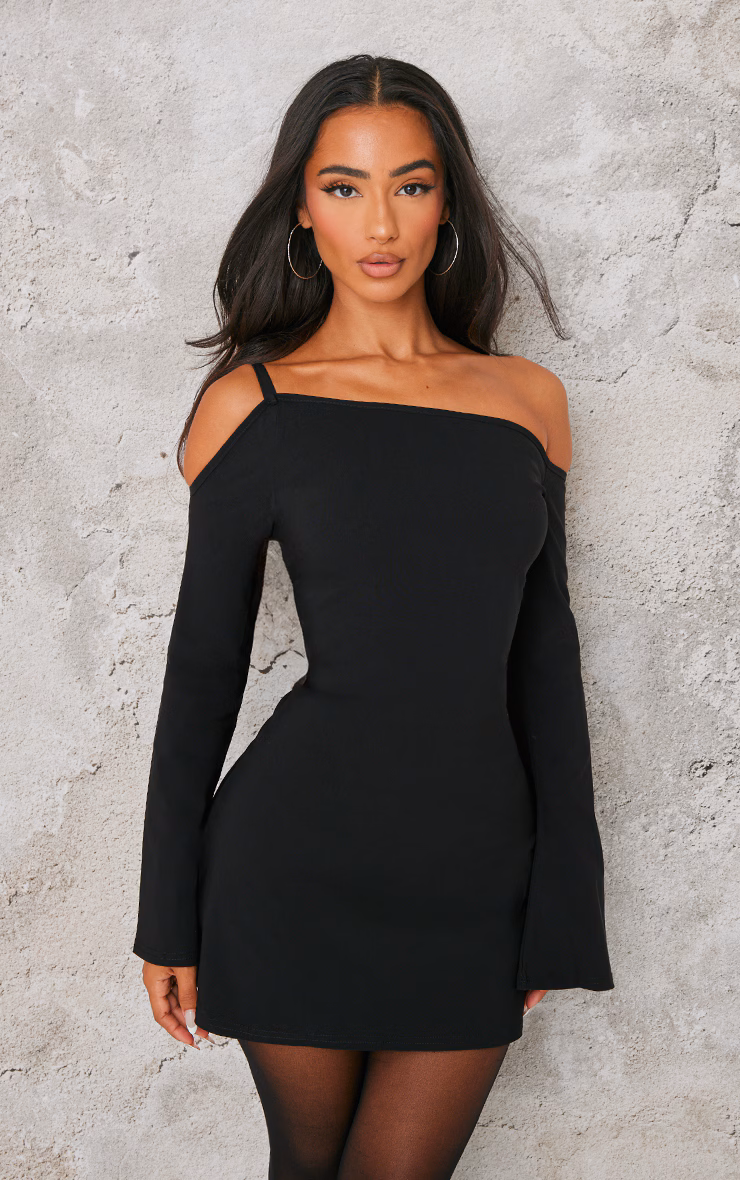 Petite Black Asymmetric One Shoulder Flared Sleeve Shift Dress