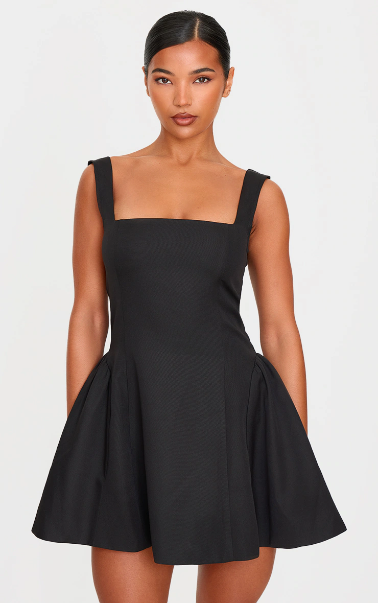 Black Hip Pleated Shift Dress