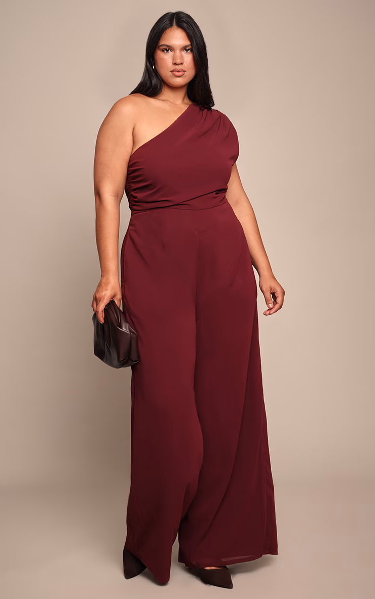 Plus Plum Chiffon One Shoulder Ruched Jumpsuit