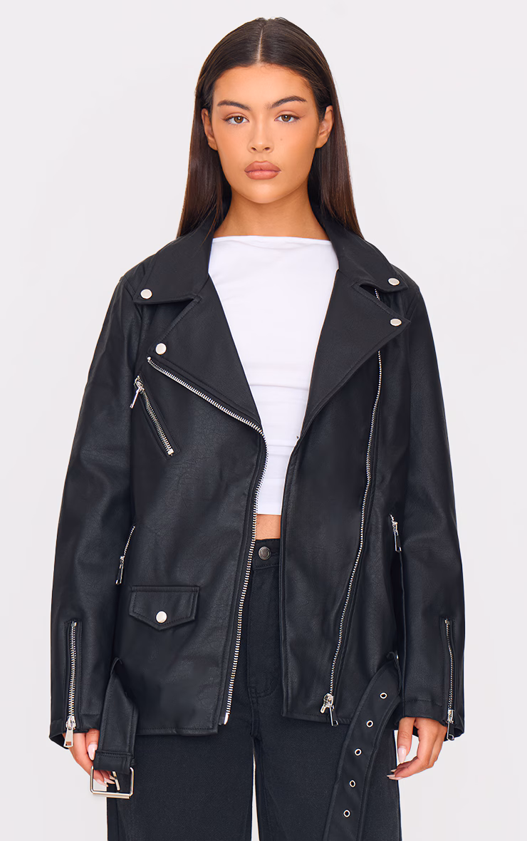 Black Faux Leather Longline Belted Biker Jacket