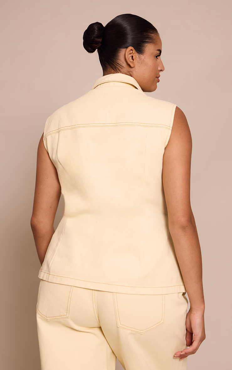 Plus Almond Cinched Sleeveless Denim Shirt