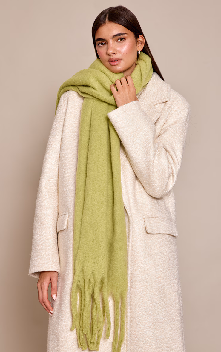 Olive Distressed Knit Tassel Scarf